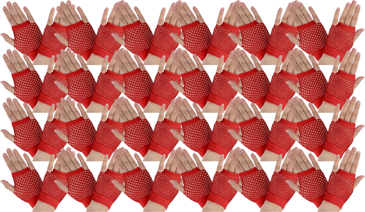 24 Pair Fishnet Gloves Fingerless Wrist Length 70s 80s Costume Party Bulk - Red view 2