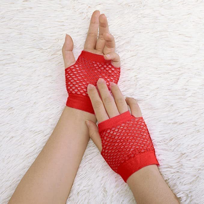 24 Pair Fishnet Gloves Fingerless Wrist Length 70s 80s Costume Party Bulk - Red view 3