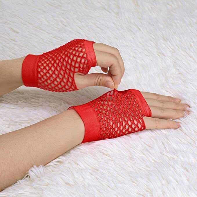 24 Pair Fishnet Gloves Fingerless Wrist Length 70s 80s Costume Party Bulk - Red view 4