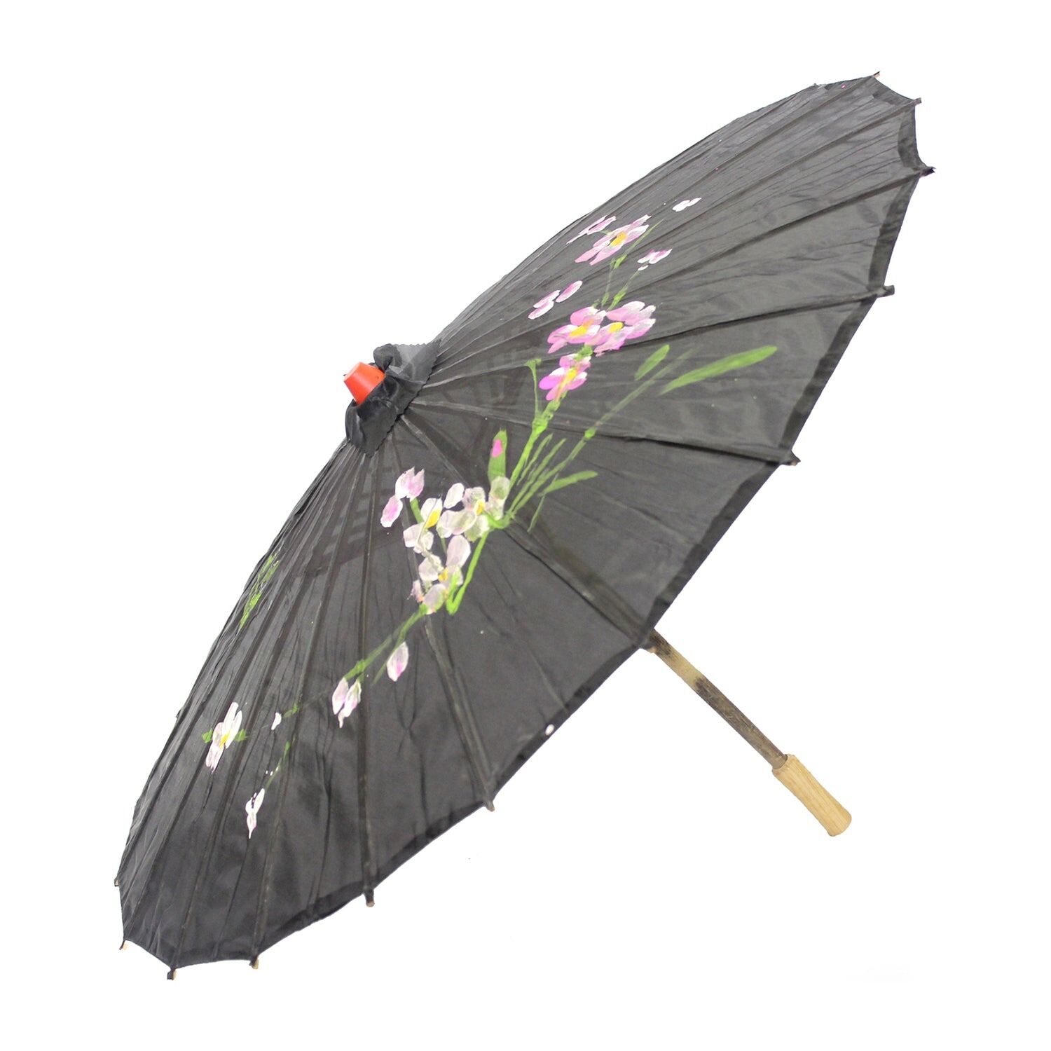 2pc Set Parasol Umbrella Black + White Chinese Japanese Bamboo Flower Pattern view 4