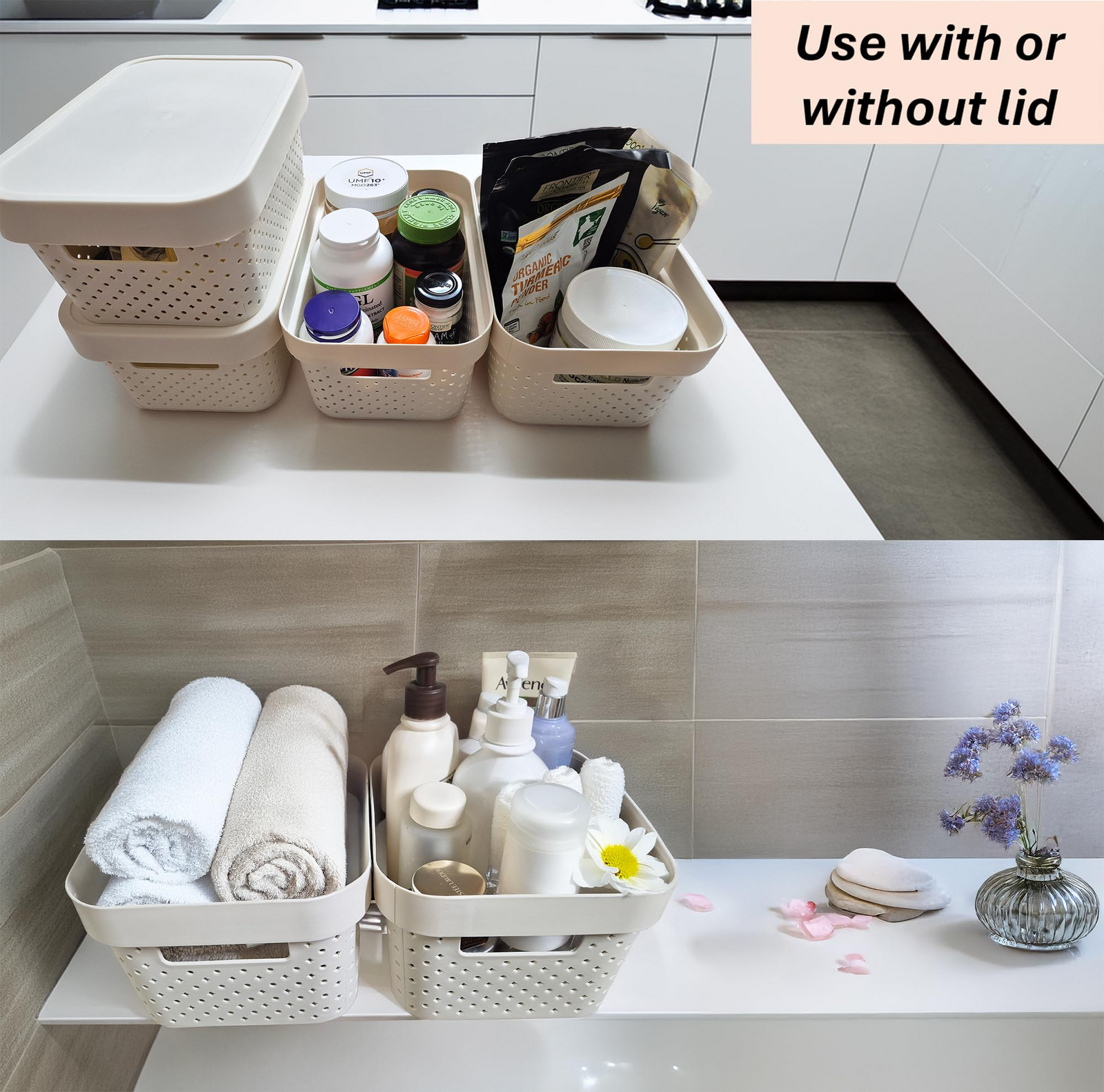 24x 5L Premium Plastic Storage Basket Container Box w/ Lid Dot Pattern view 3