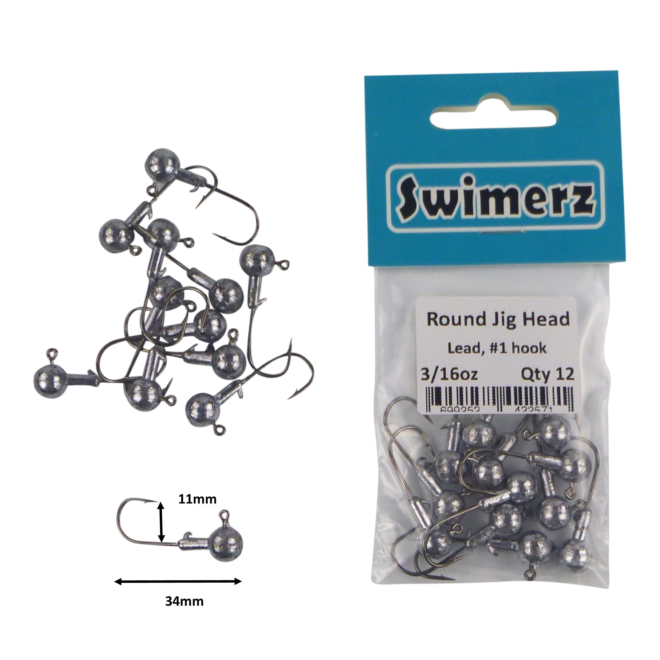 Swimerz Round Jig Head, 3/16 oz #1 Hook, 12 pack view 2