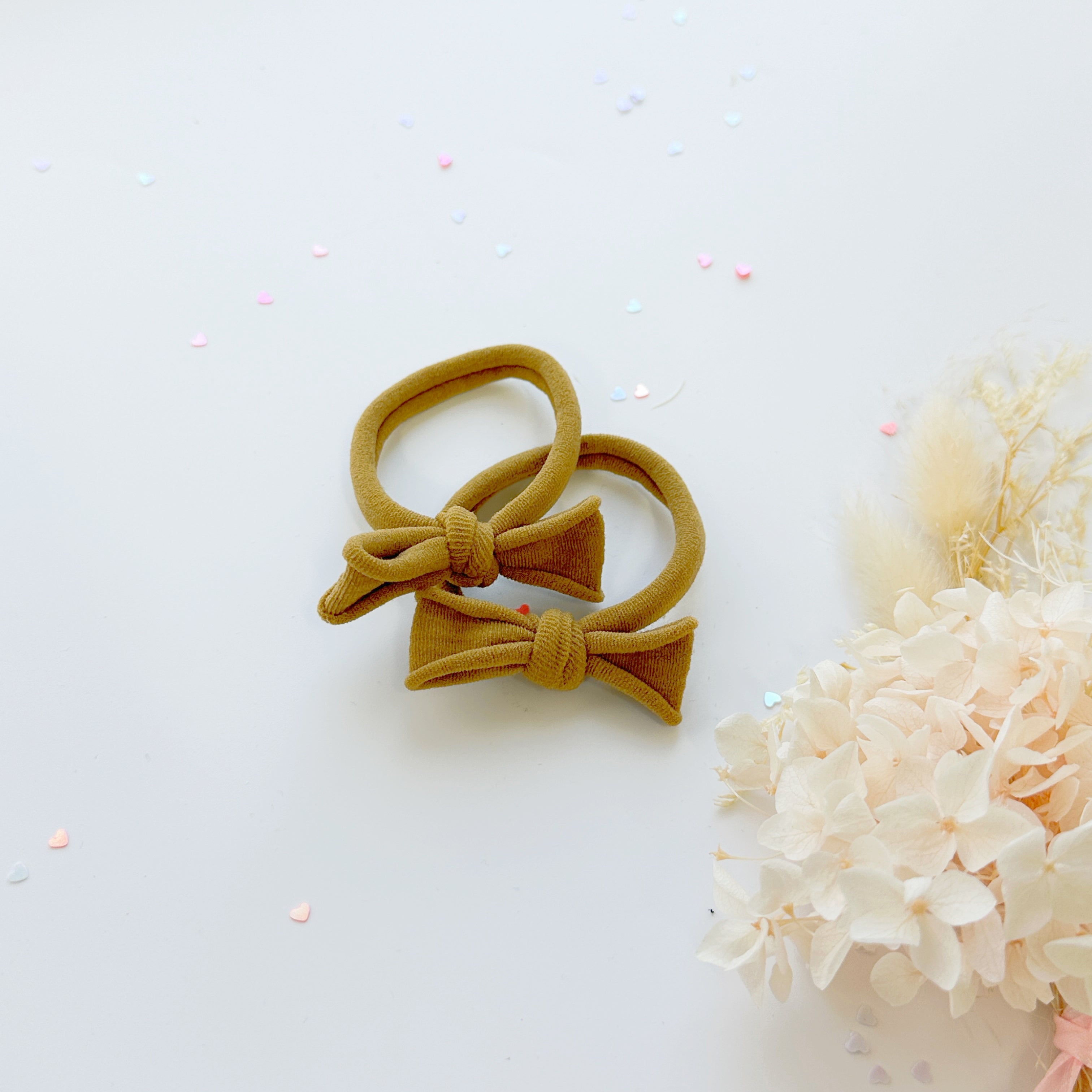 Handmade Simple Bow metal free hair ties -Mustard - 1 Pairs - Grey view 2