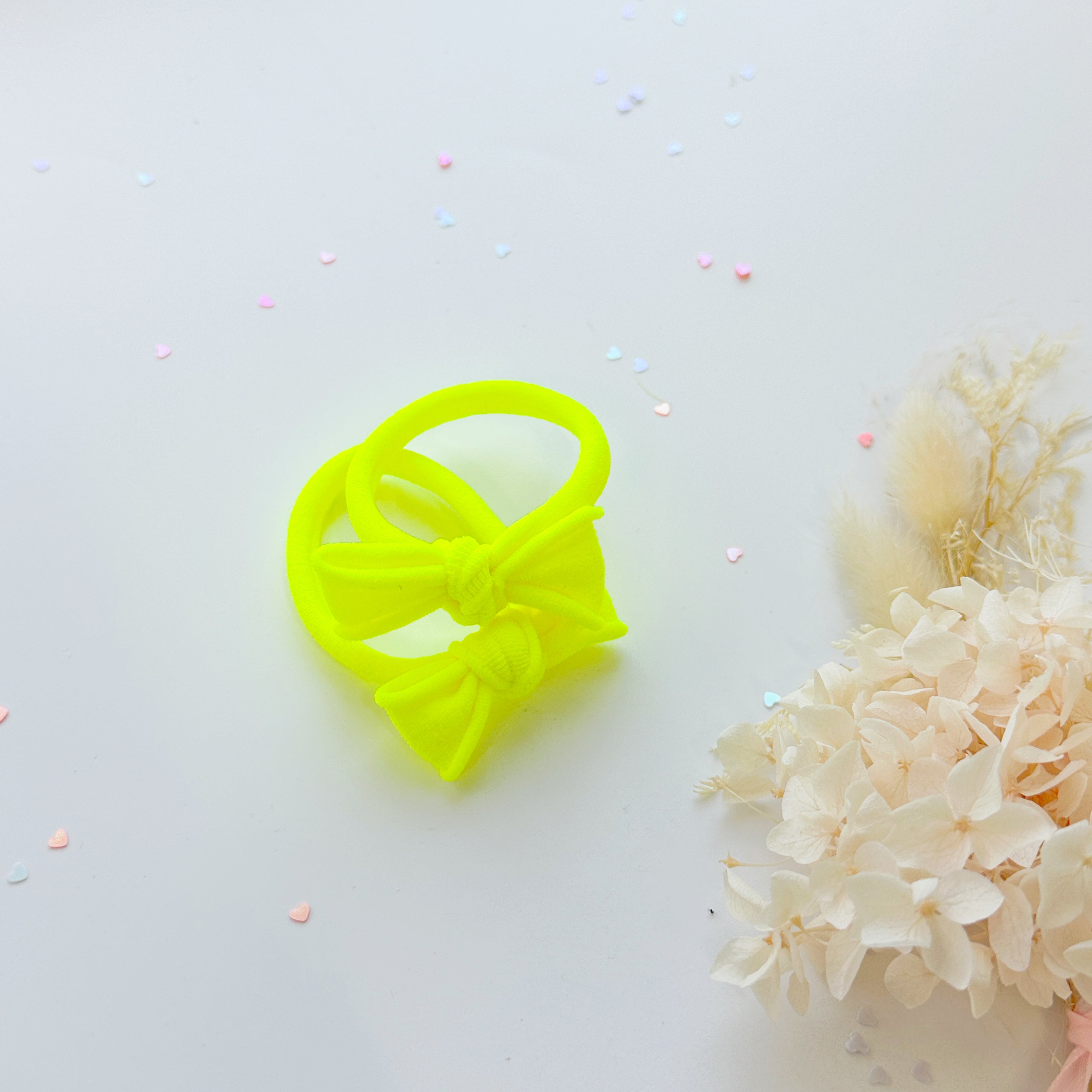 Handmade Simple Bow metal free hair ties - Neon - 1 Pairs - Neon Yellow view 2