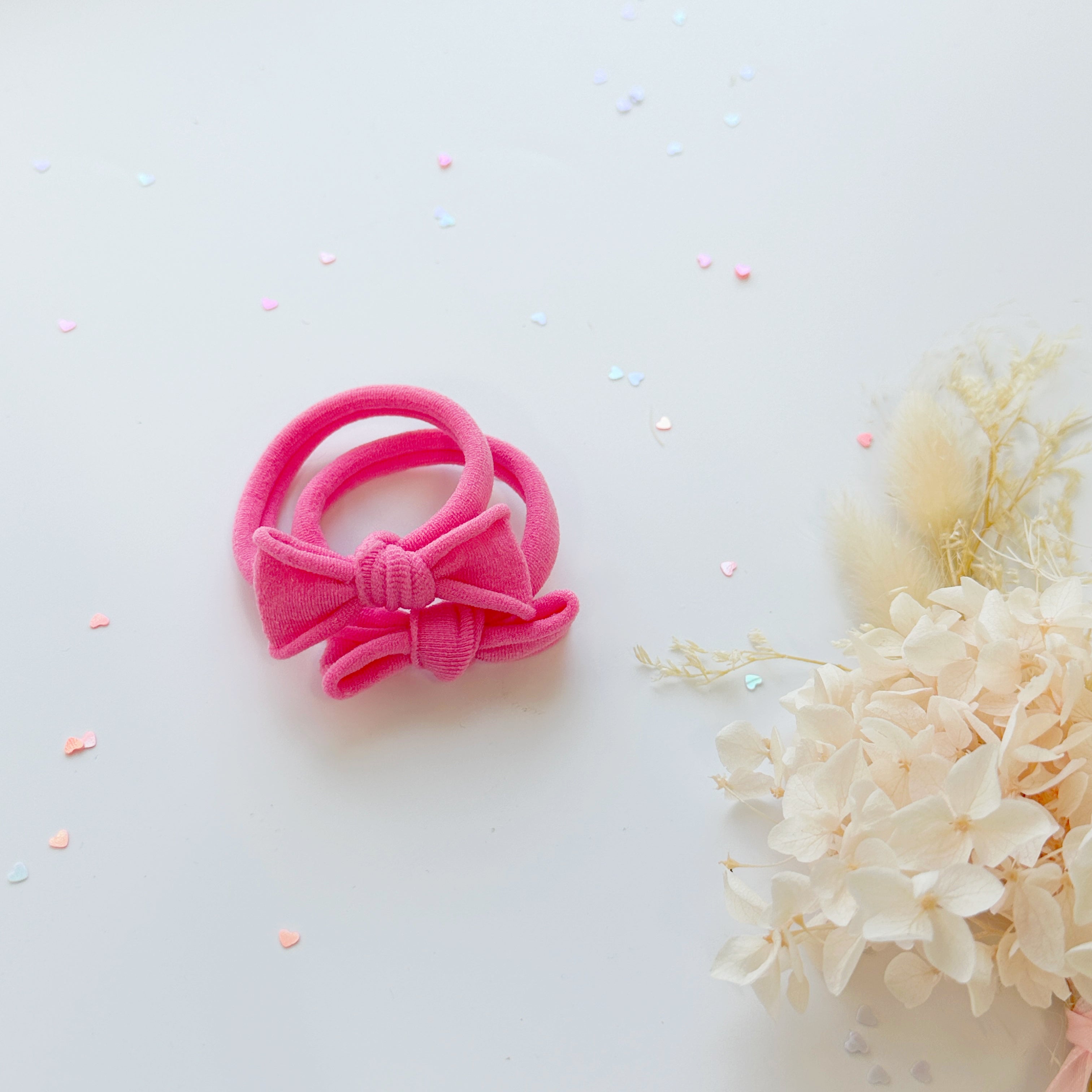 Handmade Simple Bow metal free hair ties - Candy - 1 Pairs - Pastel Pink view 2