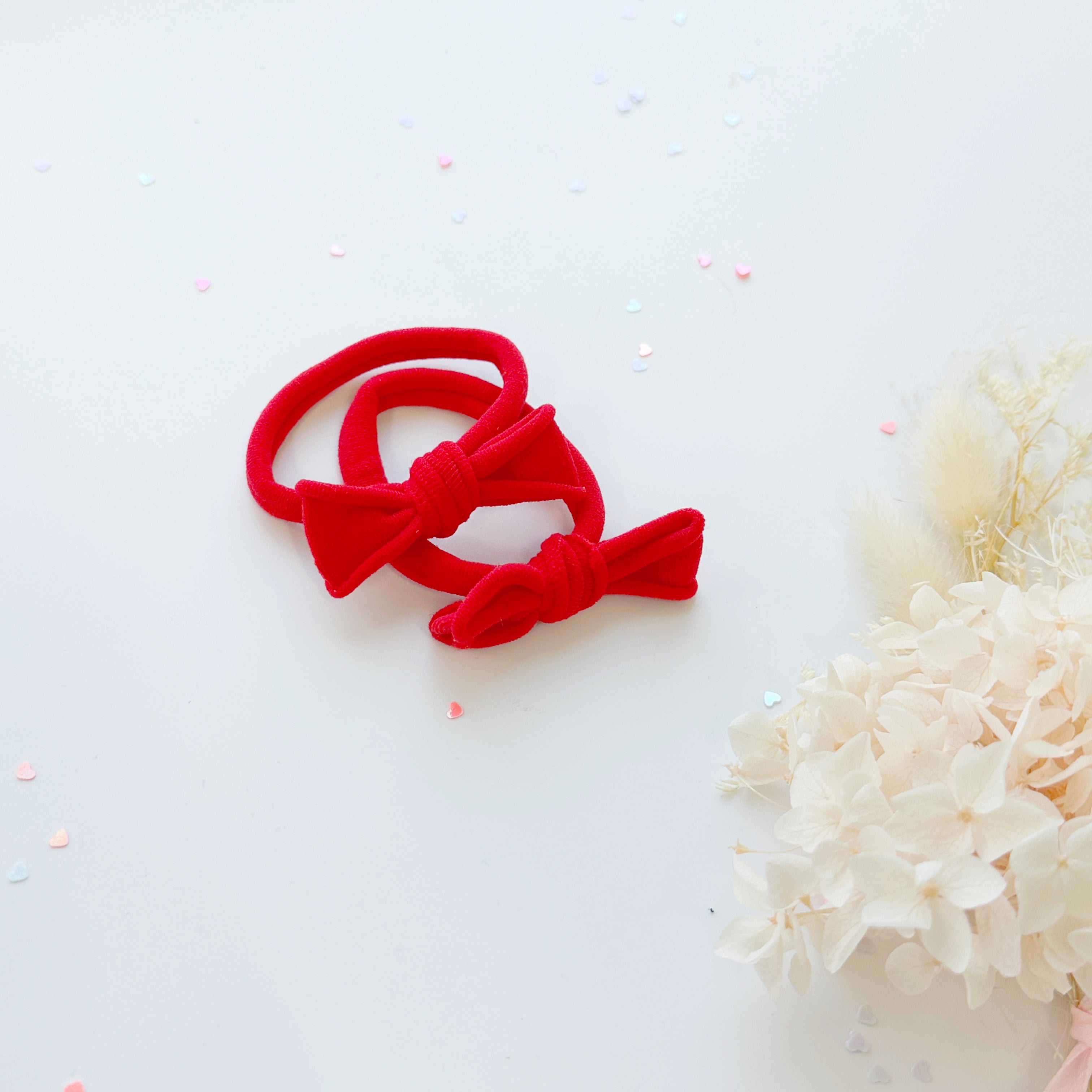 Handmade Simple Bow metal free hair ties -POP - 1 Pairs - Red view 2