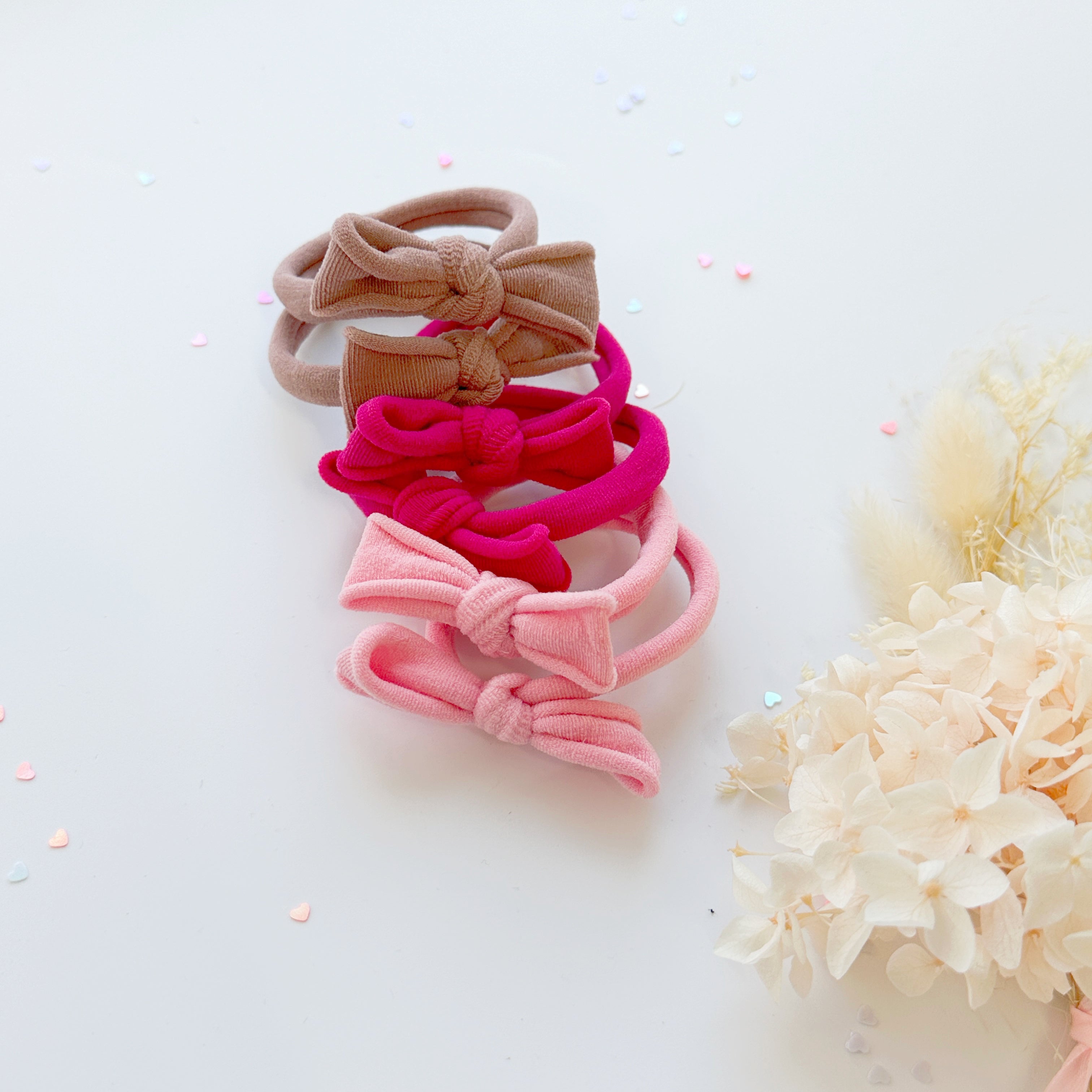 Handmade Simple Bow metal free hair ties -Pink - 3 Pairs Pink — image 1