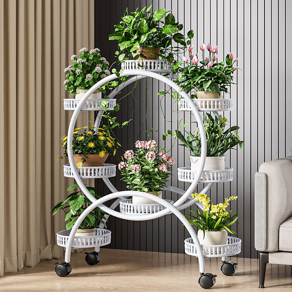 Fin White Metal Plant Stand 6-Potted Flower Pot Holder W Wheels 4 Tier Display view 3