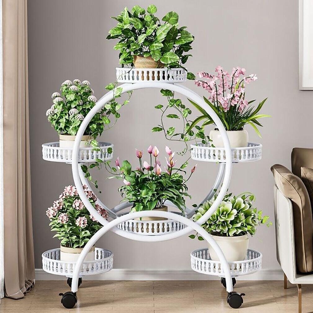 Fin White Metal Plant Stand 6-Potted Flower Pot Holder W Wheels 4 Tier Display view 4