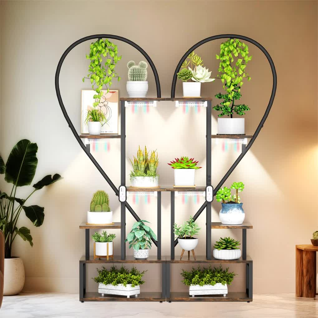 P&P Black & Brown Heart-Shaped Plant Stand with USB Grow Lights for Indoor view 2