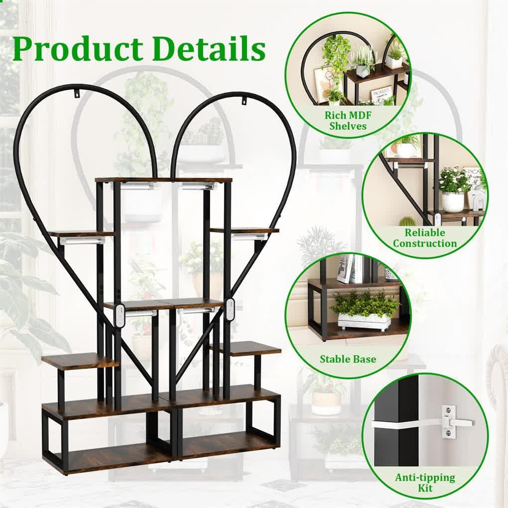 P&P Black & Brown Heart-Shaped Plant Stand with USB Grow Lights for Indoor view 4