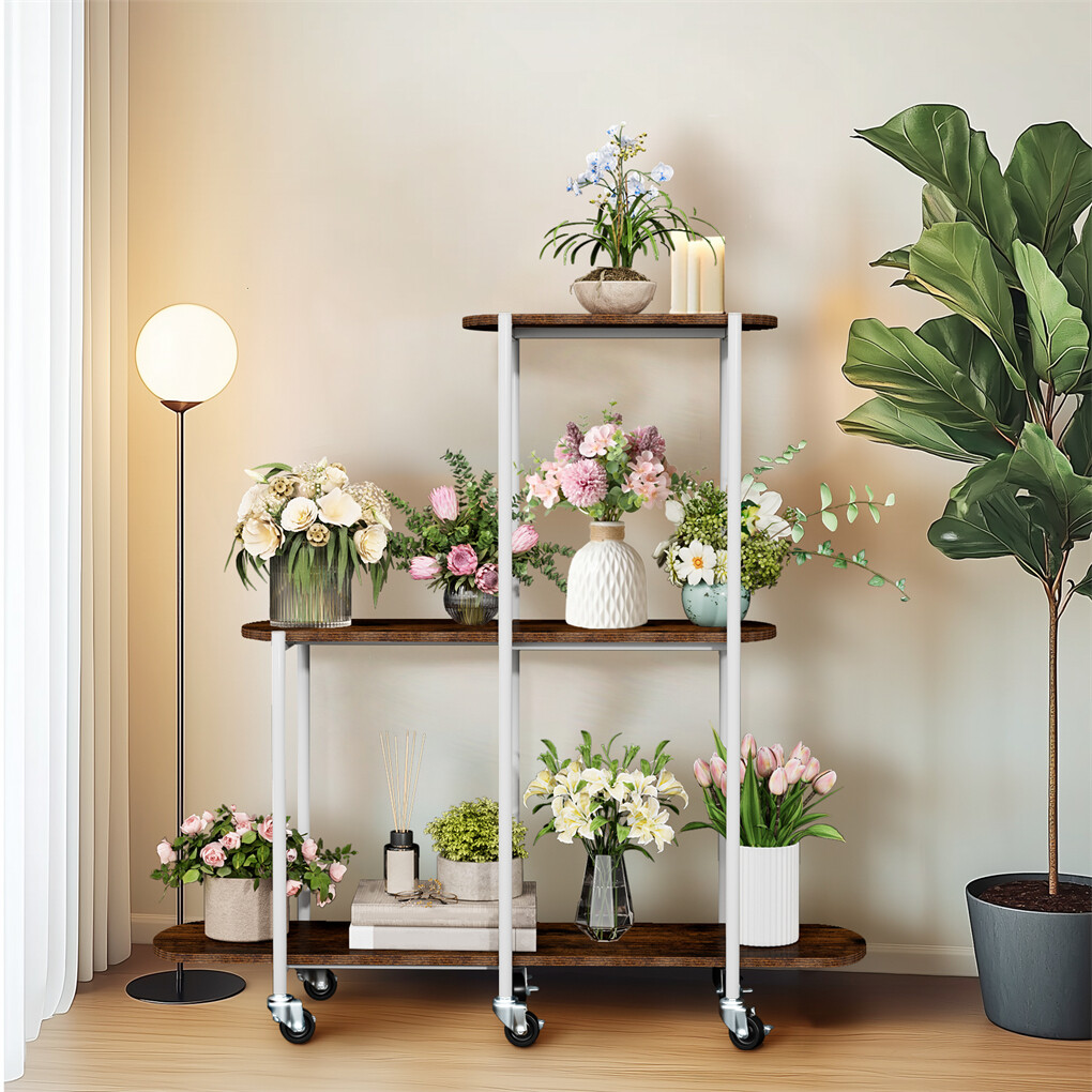 FIN Vintage Plant Holder 3 Tiers Storage Shelf Unit with Lockable Casters Garden view 7