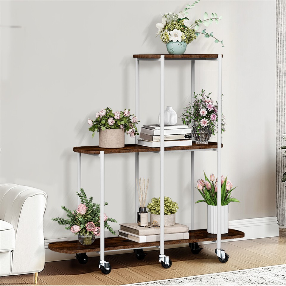 FIN Vintage Plant Holder 3 Tiers Storage Shelf Unit with Lockable Casters Garden view 8
