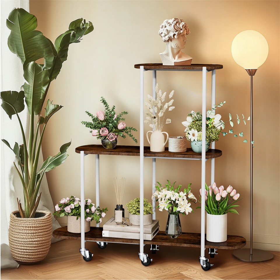 FIN Vintage Plant Holder 3 Tiers Storage Shelf Unit with Lockable Casters Garden view 9