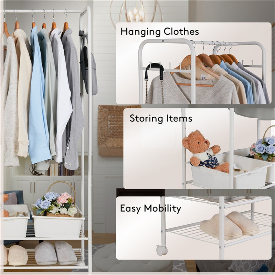 2Tier Rolling Free-Standing Clothing Garment Rack Closet Organizer Open Wardrobe view 8