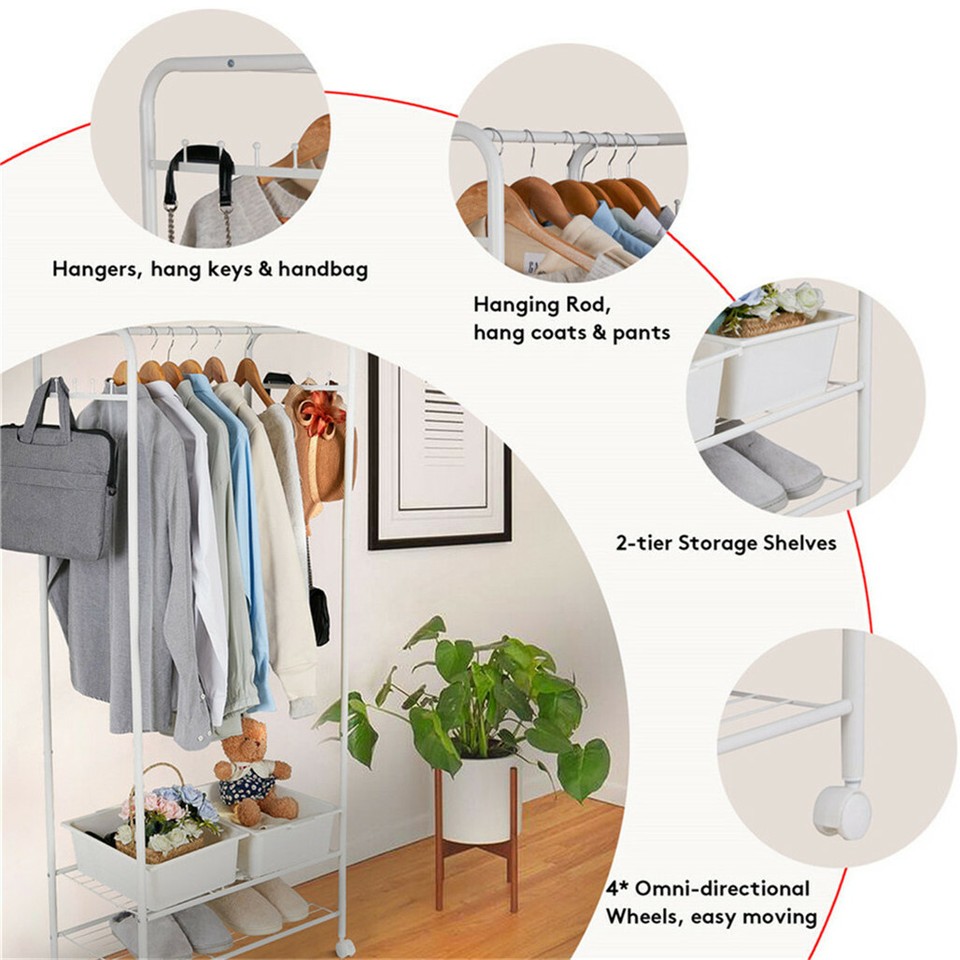 2Tier Rolling Free-Standing Clothing Garment Rack Closet Organizer Open Wardrobe view 10