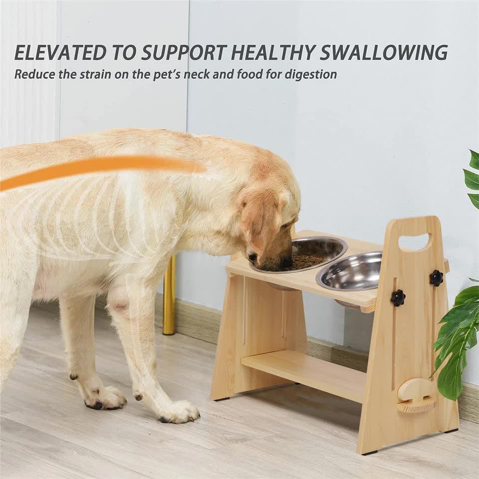 Wooden Elevated Dog Food Bowl with 2 Stainless Steel Bowls Adjustable Pet view 4