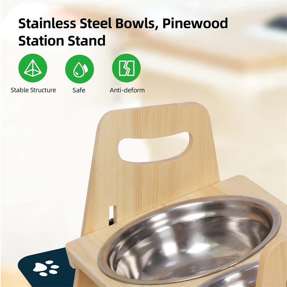 Wooden Elevated Dog Food Bowl with 2 Stainless Steel Bowls Adjustable Pet view 6