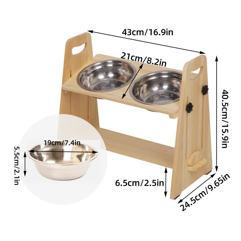 Wooden Elevated Dog Food Bowl with 2 Stainless Steel Bowls Adjustable Pet view 9