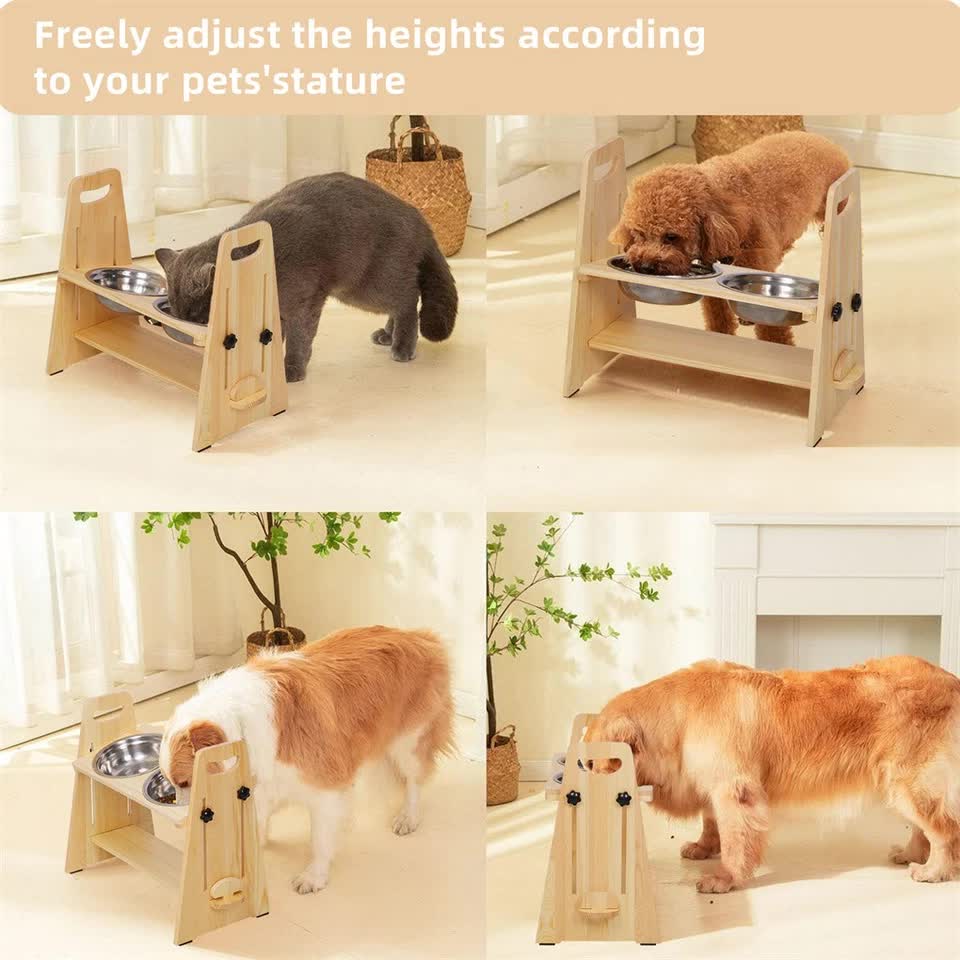 Wooden Elevated Dog Food Bowl with 2 Stainless Steel Bowls Adjustable Pet view 10
