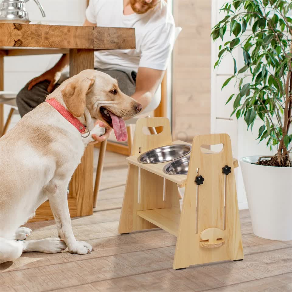 Wooden Elevated Dog Food Bowl with 2 Stainless Steel Bowls Adjustable Pet view 11