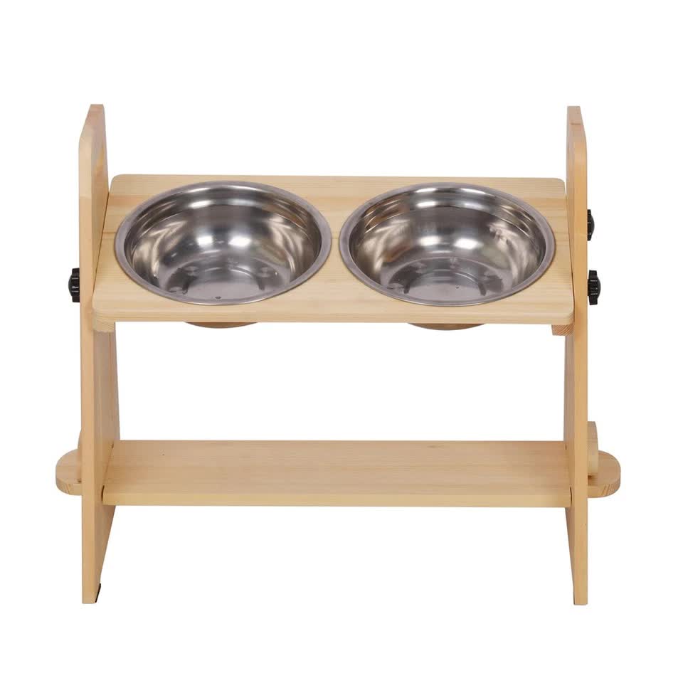 Wooden Elevated Dog Food Bowl with 2 Stainless Steel Bowls Adjustable Pet view 12