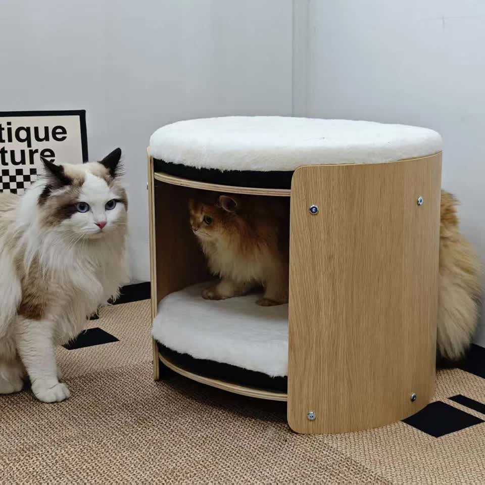 Natural Wood Cat Bunk Bed with Cushioned Two Tiers for Stylish Pet Comfort view 3