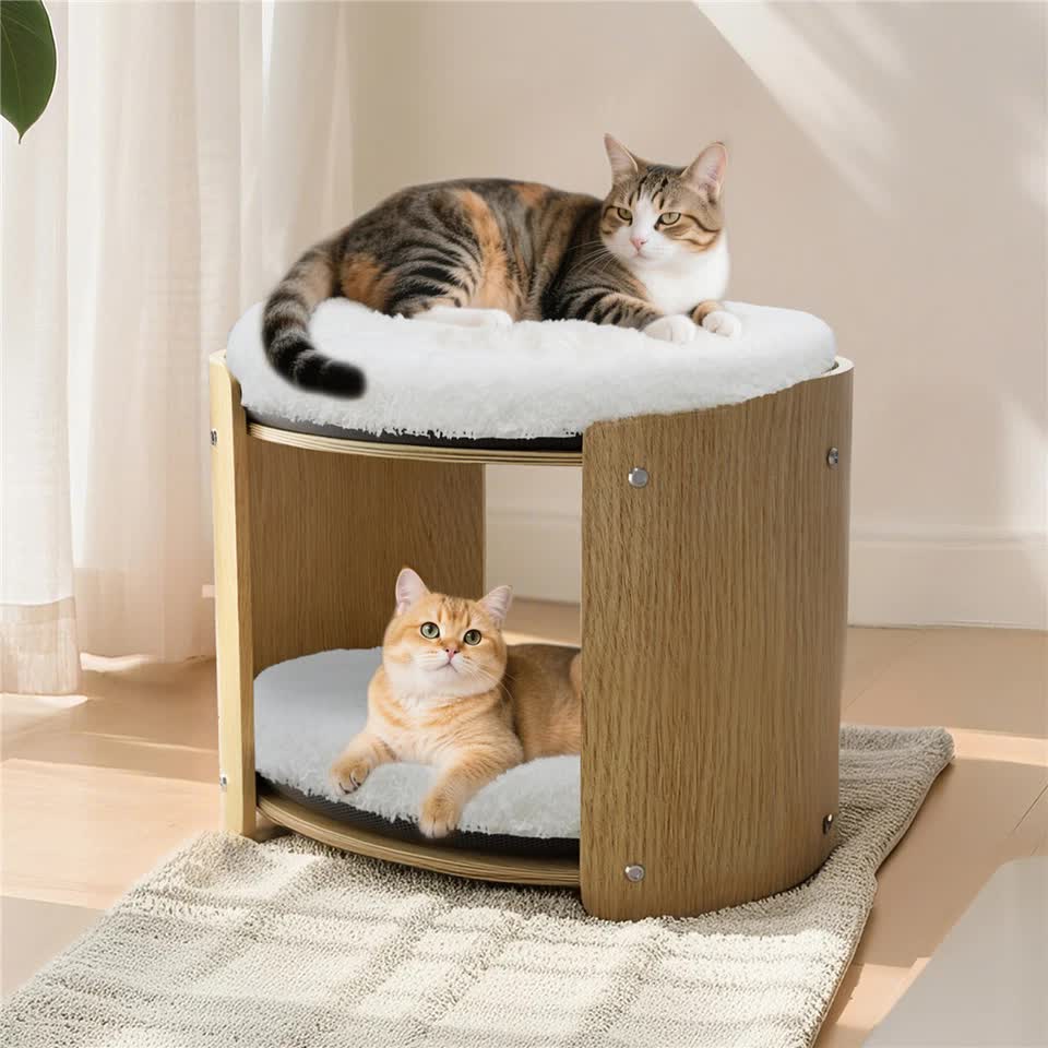 Natural Wood Cat Bunk Bed with Cushioned Two Tiers for Stylish Pet Comfort view 4