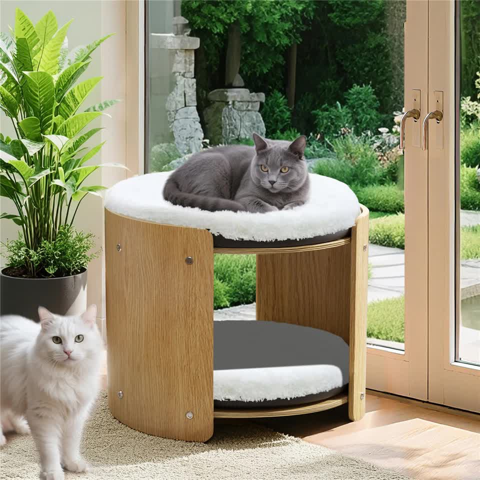 Natural Wood Cat Bunk Bed with Cushioned Two Tiers for Stylish Pet Comfort view 6