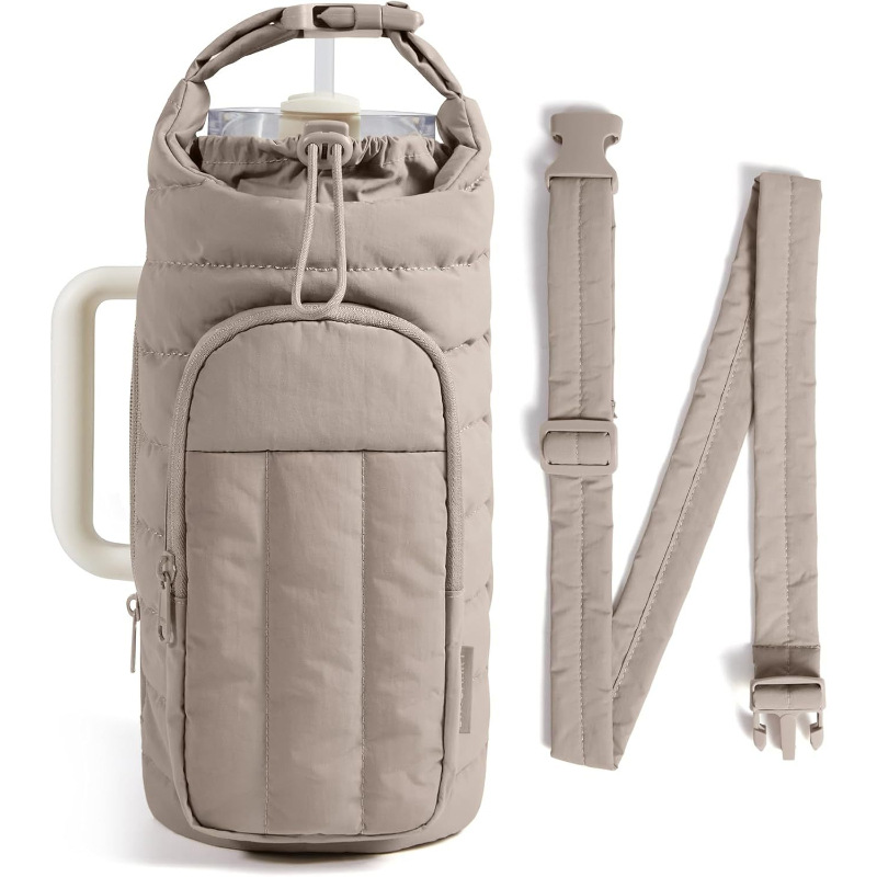 Camel Quilted Water Bottle Carrier Bag with Large Phone Pocket - Insulated — image 1