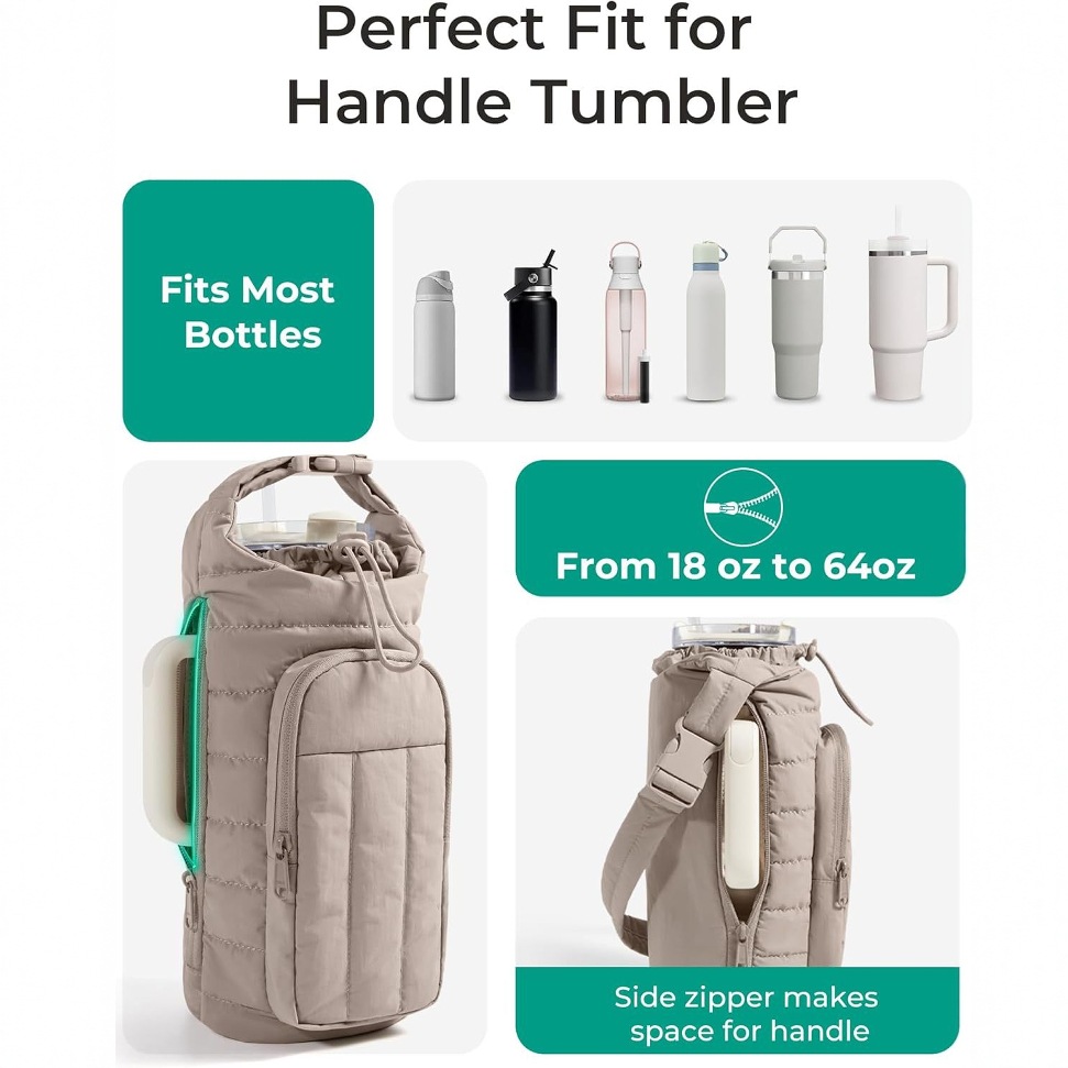 Camel Quilted Water Bottle Carrier Bag with Large Phone Pocket - Insulated view 2