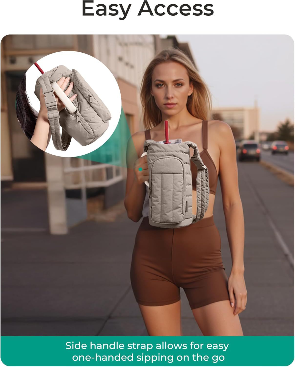 Camel Quilted Water Bottle Carrier Bag with Large Phone Pocket - Insulated view 7