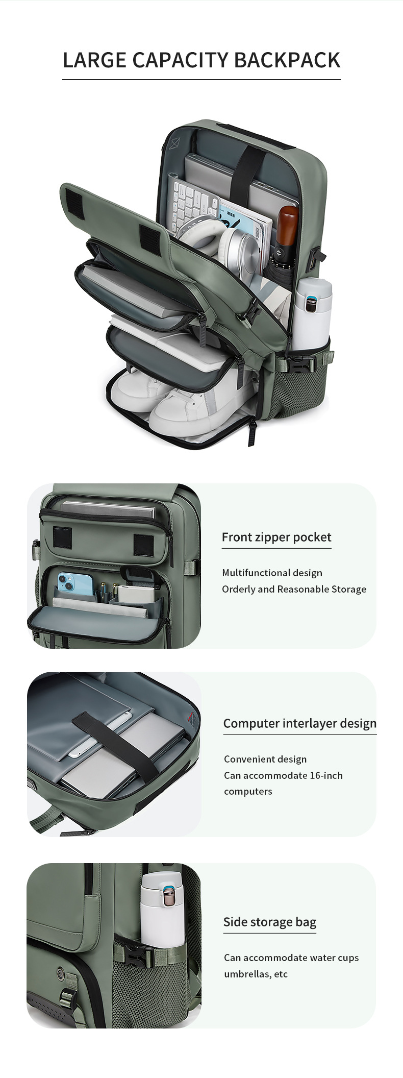 Beige Large Capacity 16-Inch Laptop Travel Backpack - Anti-Theft Professional view 4