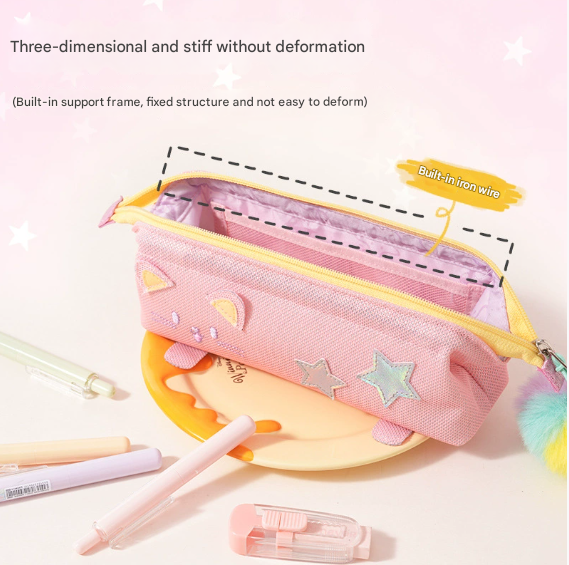 Green Cute Cat Pencil Case for Girls - Large Capacity Sparkly Stationery Pouch view 3
