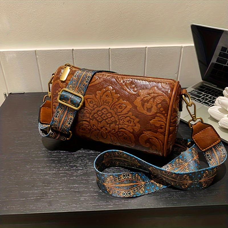 Green Vintage Embossed Crossbody Barrel Bag with Wide Adjustable Guitar Strap view 2