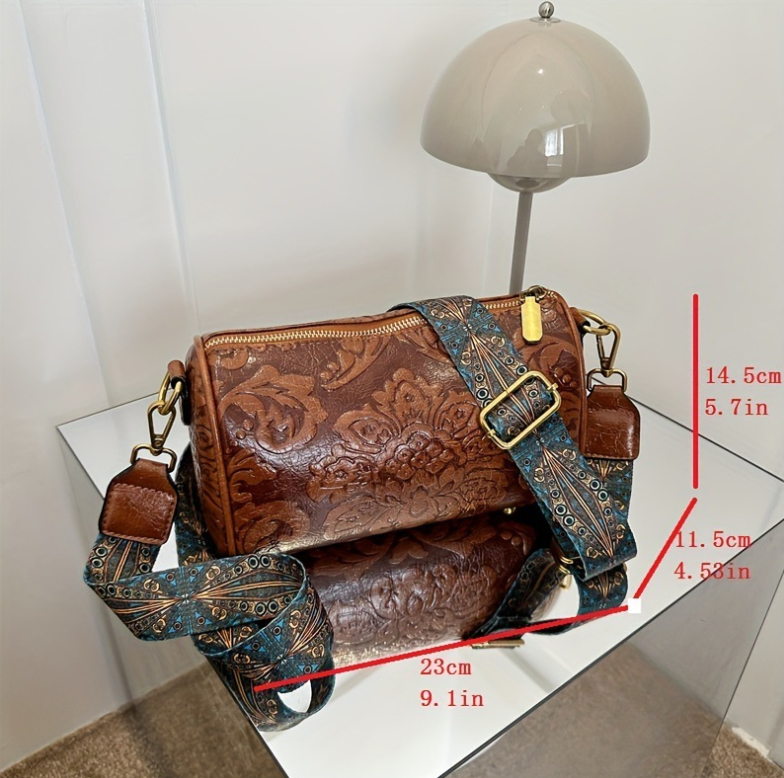 Green Vintage Embossed Crossbody Barrel Bag with Wide Adjustable Guitar Strap view 3