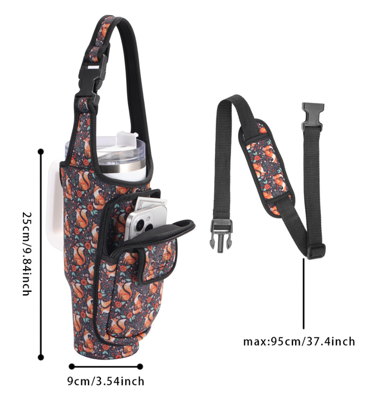 Leopard-print White Insulated Tumbler Carrier Pouch with Adjustable Strap & Pocket view 2