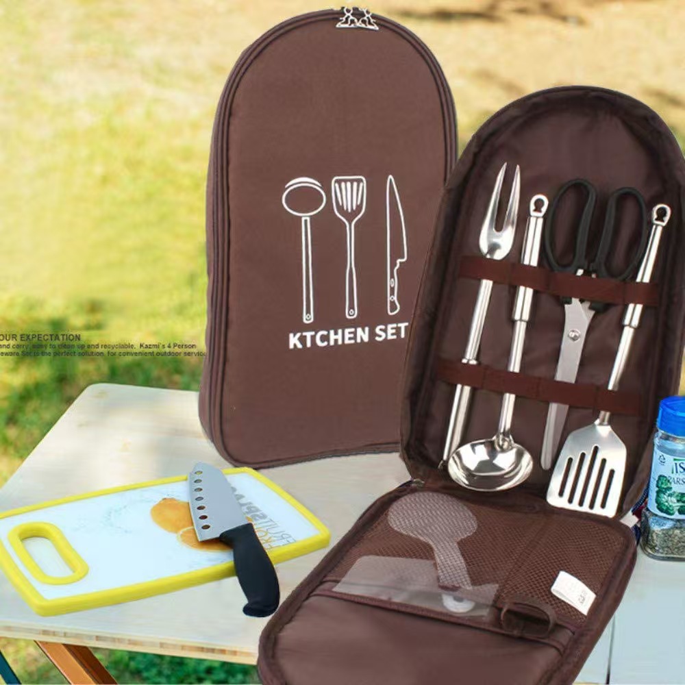 Khaki Portable Camping Kitchen Utensil Organizer - Travel Cookware Storage Bag view 2