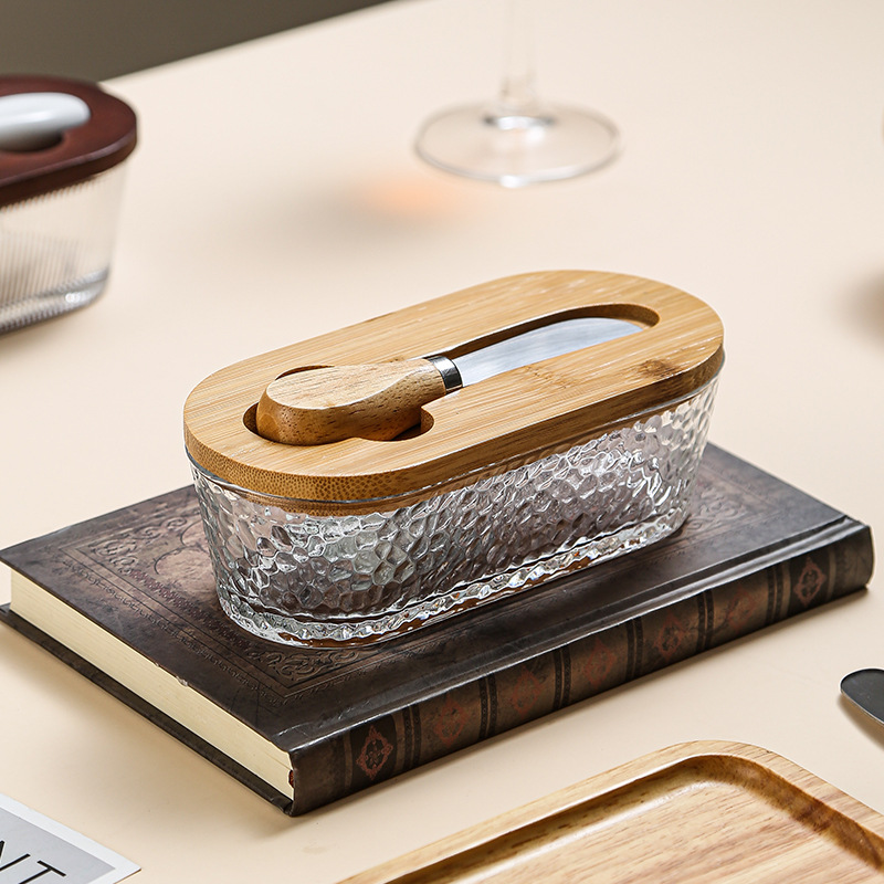 Natural wood color - stripes Elegant Glass Butter Dish with Wooden Lid & view 2