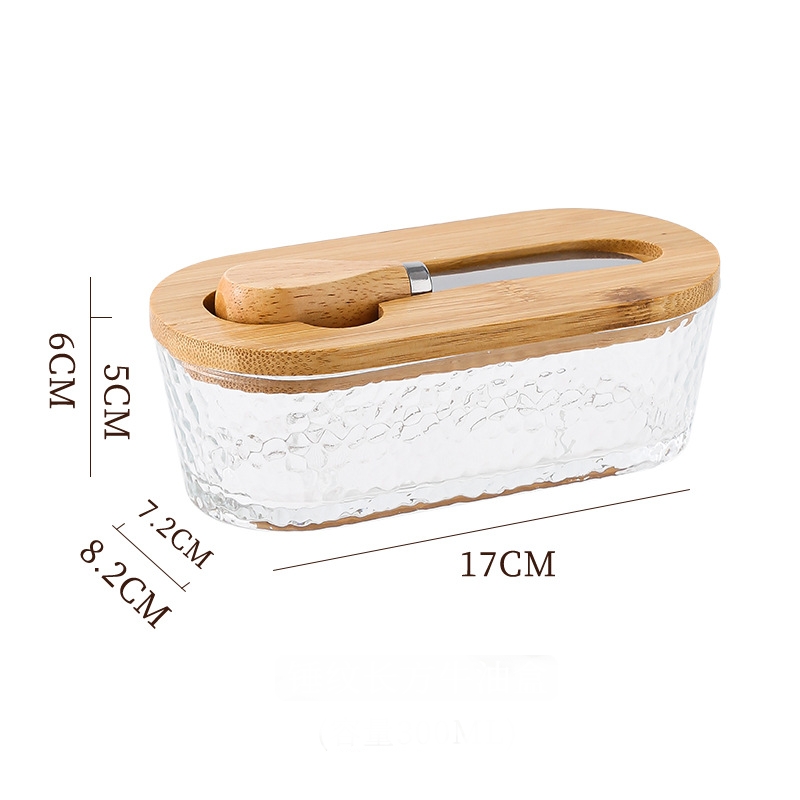 Natural wood color - hammer grain Elegant Glass Butter Dish with Wooden Lid & — image 1