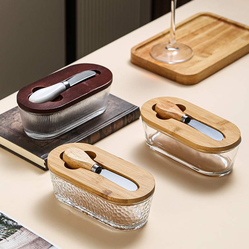 Brown - Hammer texture Elegant Glass Butter Dish with Wooden Lid & Matching view 3