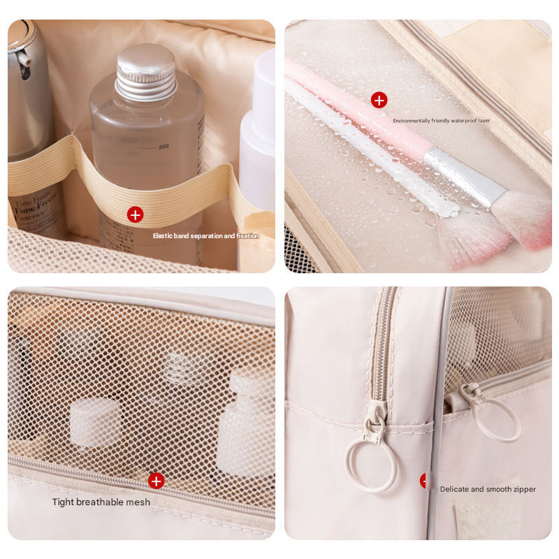 Beige Portable Hanging Travel Toiletry Bag - Large Capacity Cosmetic & Wash view 2