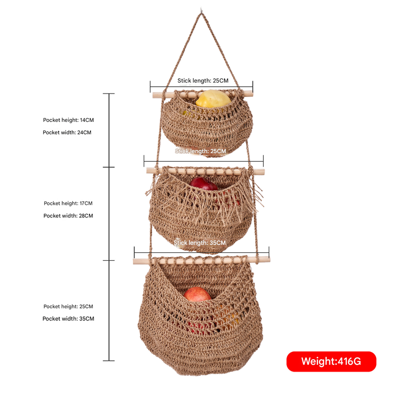 Three-layer hemp rope style Bohemian Hanging Fruit Basket – Wall-Mounted Woven — image 1