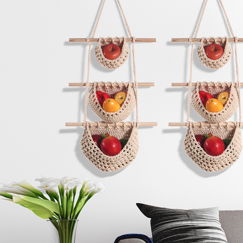 Three-layer hemp rope style Bohemian Hanging Fruit Basket – Wall-Mounted Woven view 2