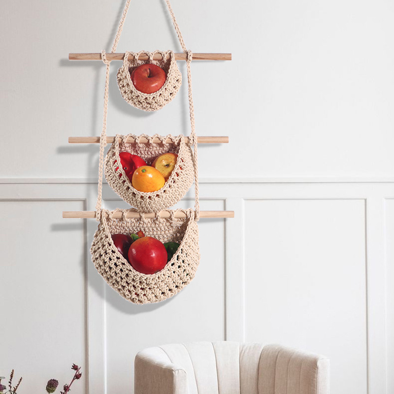 Three-layer hemp rope style Bohemian Hanging Fruit Basket – Wall-Mounted Woven view 3