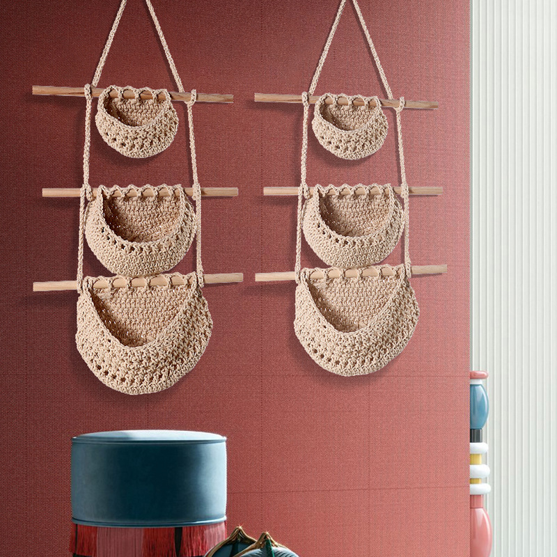 Single-layer hemp rope style Bohemian Hanging Fruit Basket – Wall-Mounted view 4