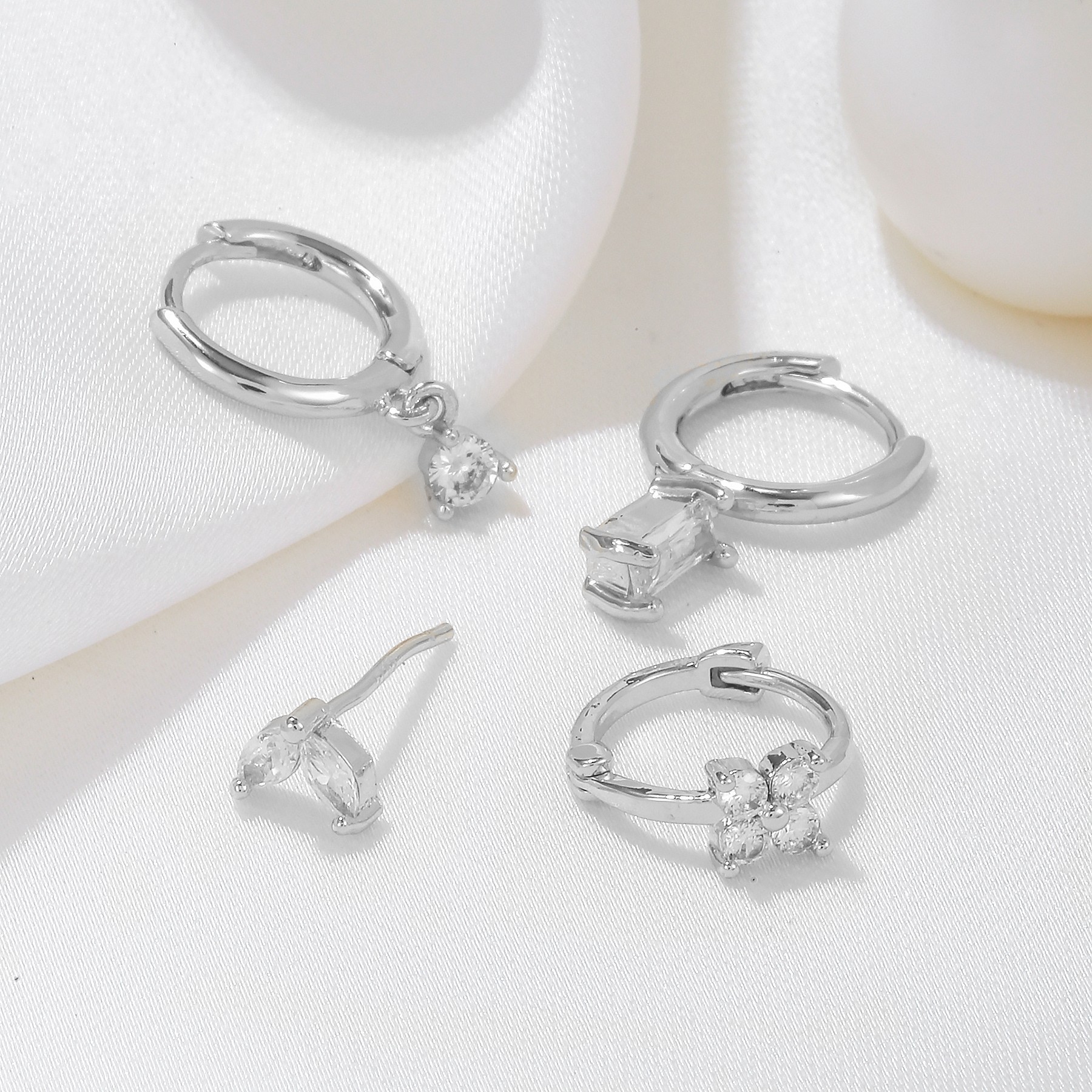 Four-piece set Silver Delicate CZ Earring Stacking Set - Huggie Hoops & Studs view 3