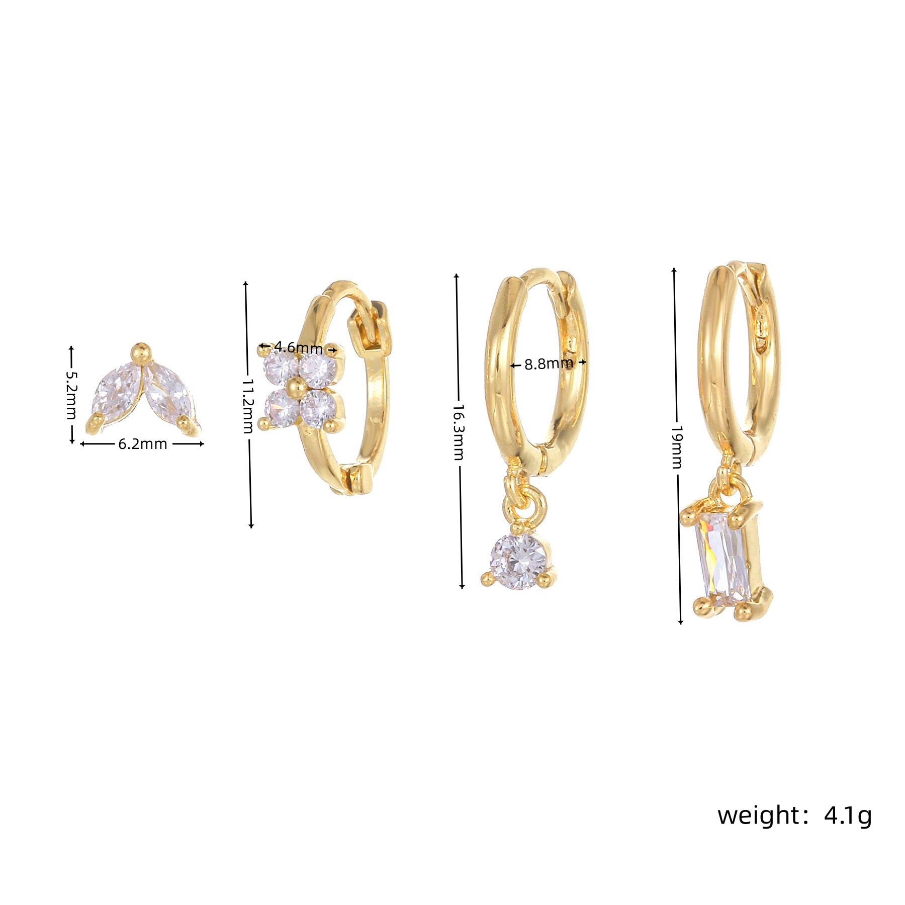 Three-piece set Gold Delicate CZ Earring Stacking Set - Huggie Hoops & Studs view 4