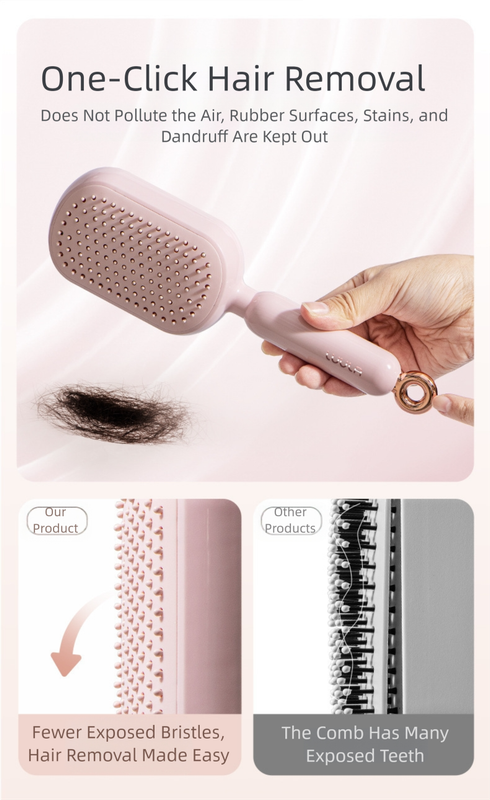Pink Innovative Self-Cleaning Cushion Hairbrush - Retractable Bristle view 5