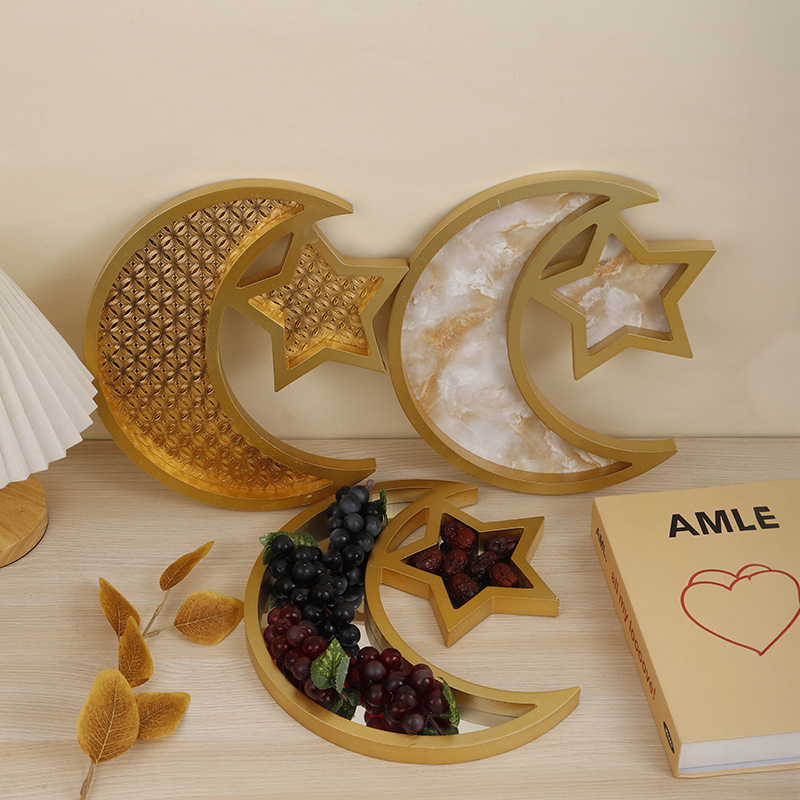 2 Pcs Gold Textured Elegant Celestial Moon & Star Serving Tray - Gold Finish view 3